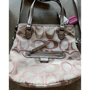 Coach Daisy Signature Metallic Outline Tote Shoulder Bag Hobo Purse Sateen PINK
